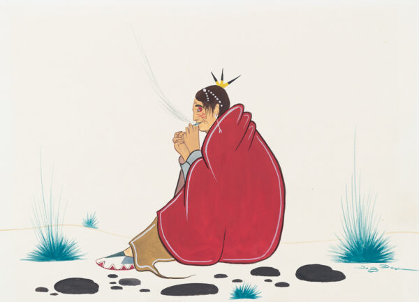 A seated American Indian woman wears a red blanket and plays a flute.