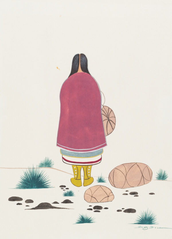 An American Indian woman stands with her back to the viewer. She carries a bundle and two more are on the ground.