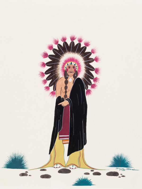 A male American Indian with black robe and full headdress stands facing the viewer.