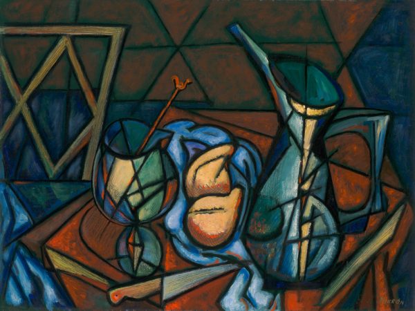 An abstracted still life with goblet, two pears and blue pitcher.