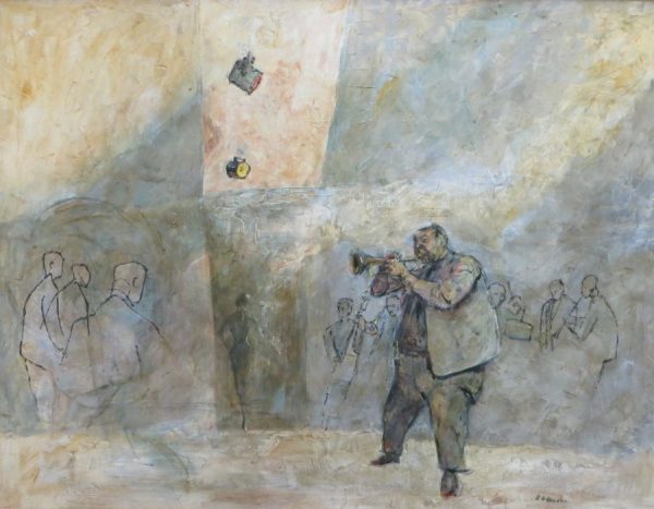 A large man blows a trumpet with sketched outlines of other musicians and audience in an ethereal background.