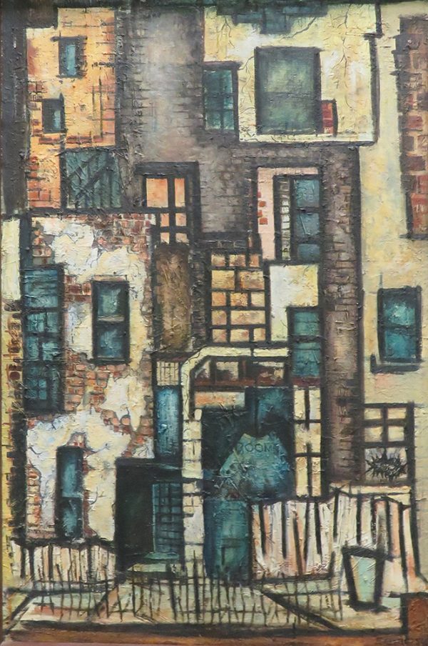 A partially abstracted apartment building with multiple brick patterns, windows and railings.