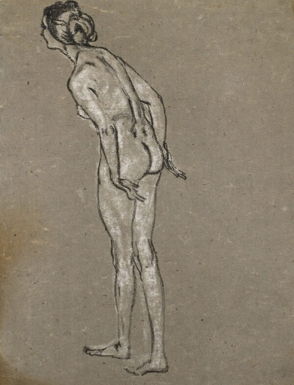 A nude standing female seen from behind. She is looking to her left.