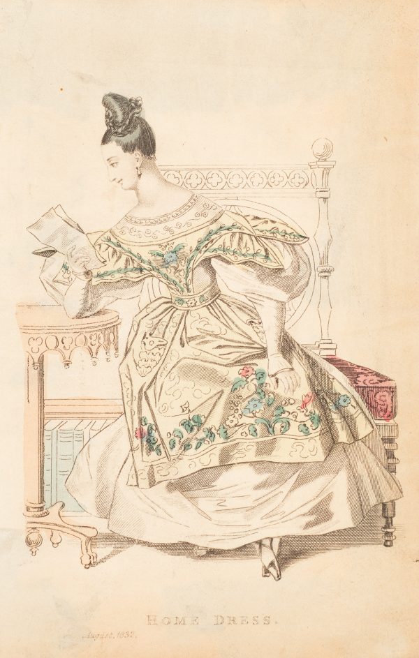 Fashion Print, Seated woman reading, with yellow-green dress, holding papers in right hand