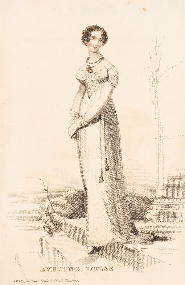 Fashion Print, Woman standing outdoors, at top of stairs, in white dress