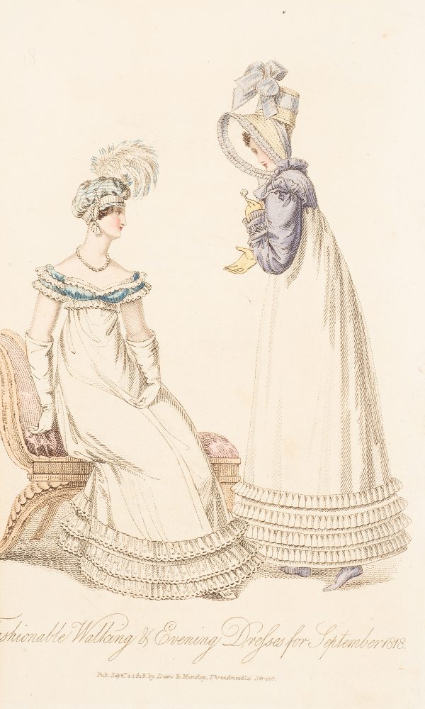 Fashion Print, Two women; one on left seated with white and teal dress. Woman on right standing, with white and blue dress
