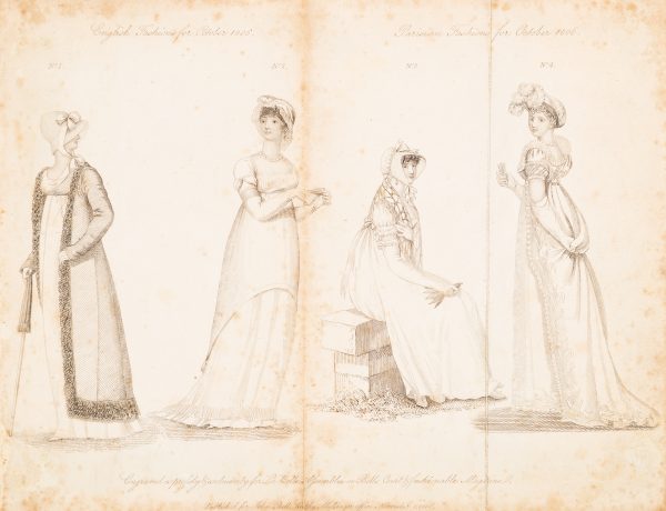 Fashion Print, Engraving (no color) of four women in dresses. All standing with exception of seated woman third from left.