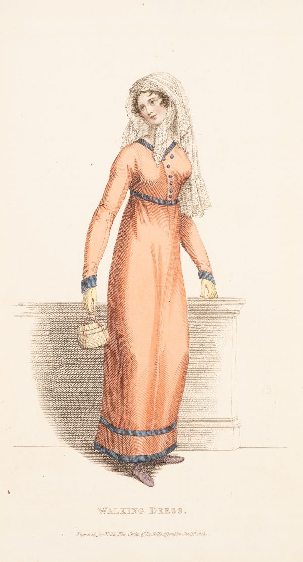 Fashion Print, Woman standing, with red-orange dress, holding bag.