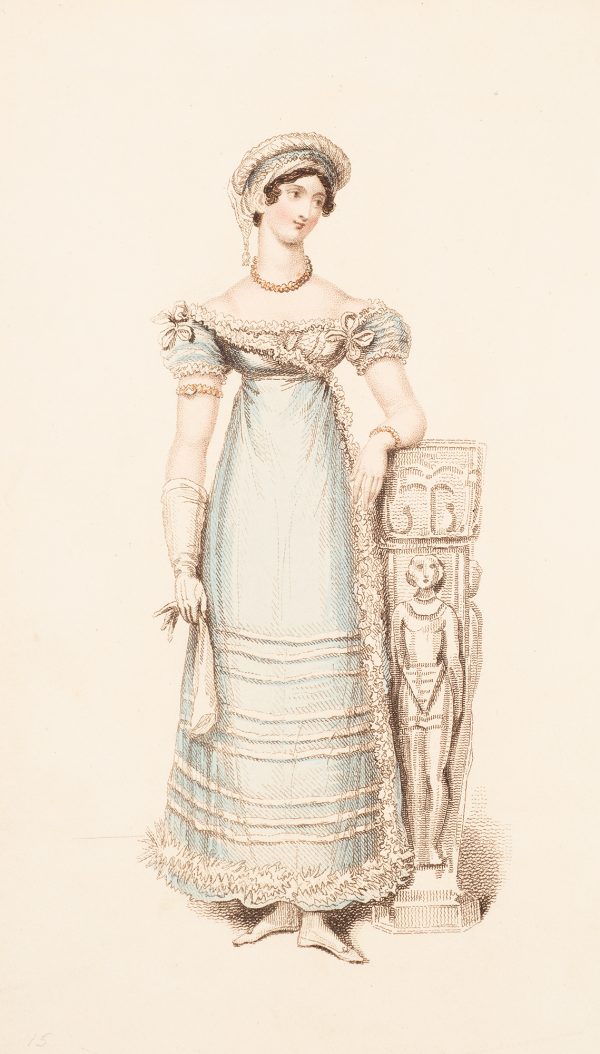 Fashion Print, Woman standing, with blue dress, holding glove.