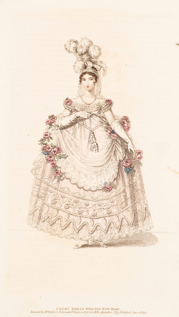 Fashion Print, Woman standing, with pink and white dress, holding glove.