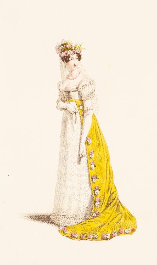 Fashion Print, Woman standing, with white and yellow dress, holding a fan.