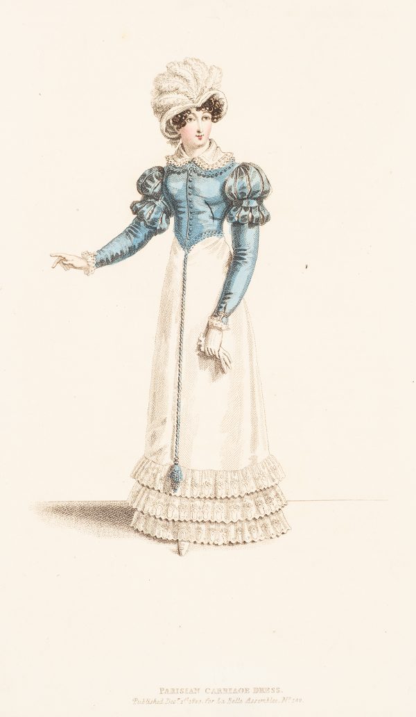Fashion Print, Woman standing, with blue and white dress, holding glove.