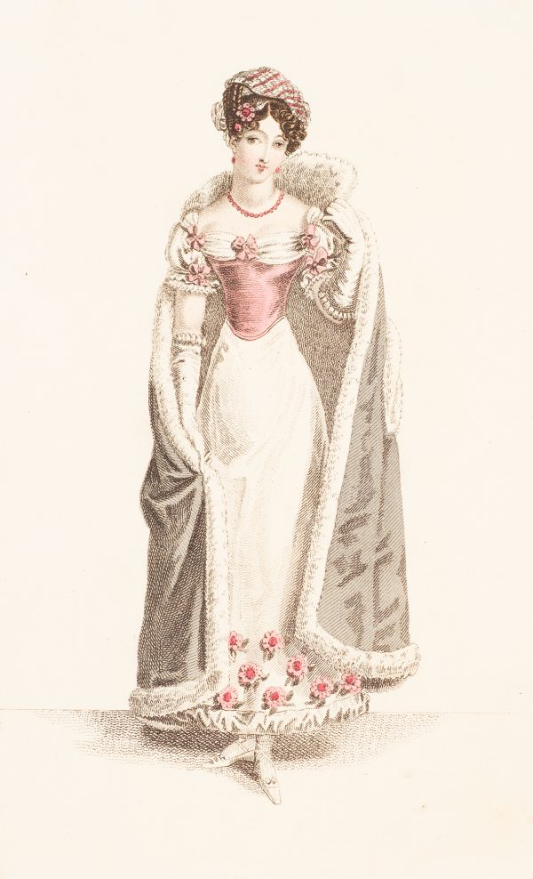 Fashion Print, Woman standing, with white and pink dress under a gray coat.