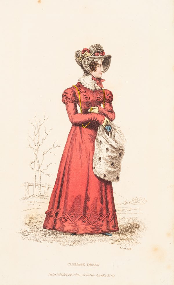 Fashion Print, Woman standing outdoors, with red dress, holding white bag.