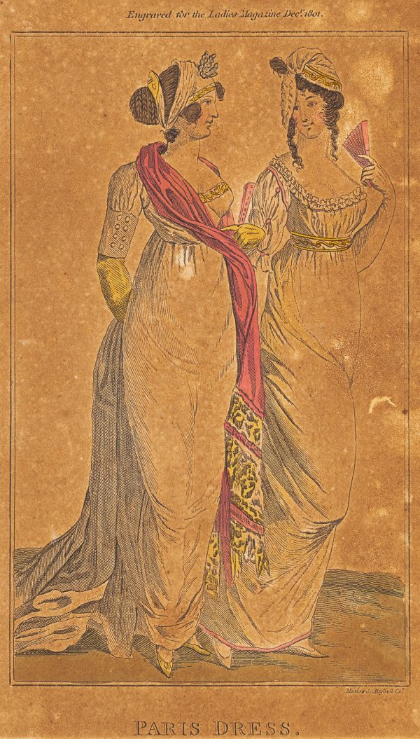 Fashion Print, Two women with Empire waist dress, and turbans on their heads. The woman at left has a red scarf and both have red fans, yellow gloves.
