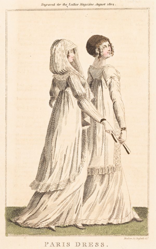 Fashion Print, Two women in white stand on green grass. Their fans have gilded highlights.