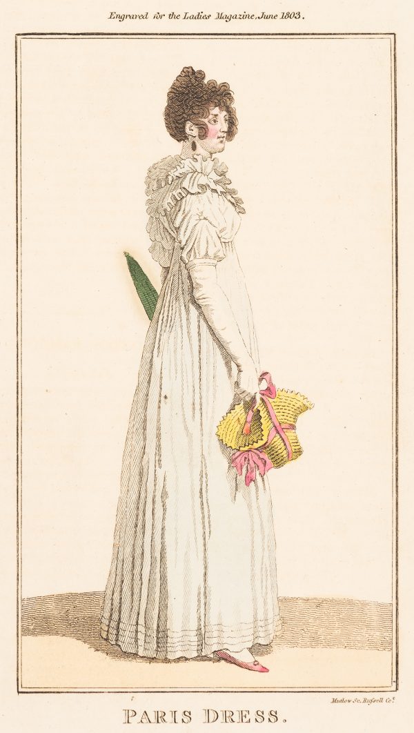 Fashion Print, standing female figure wearing white/blue dress holding a yellow and pink hat.