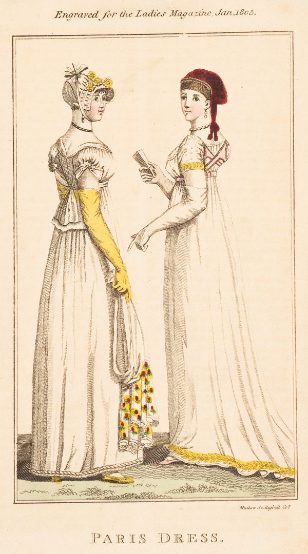 Fashion Print, Two women in white dresses, one has yellow elbow length gloves, both wearing bonnets.