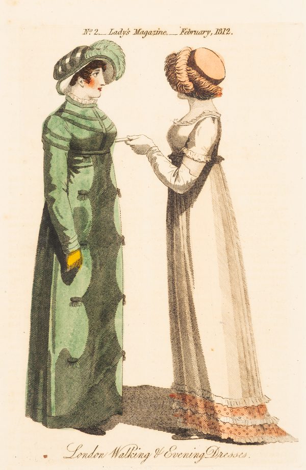 Fashion Print, Two women standing; woman on left in green dress, woman on the right in white and pink dress.