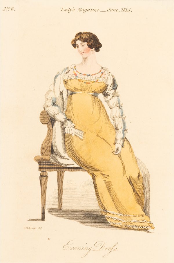 Fashion Print, Woman seated, with yellow dress, holding a fan.