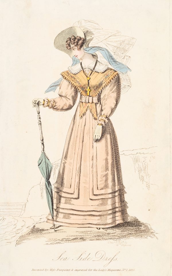 Fashion Print, Woman standing, with pink dress, holding a closed, green umbrella.