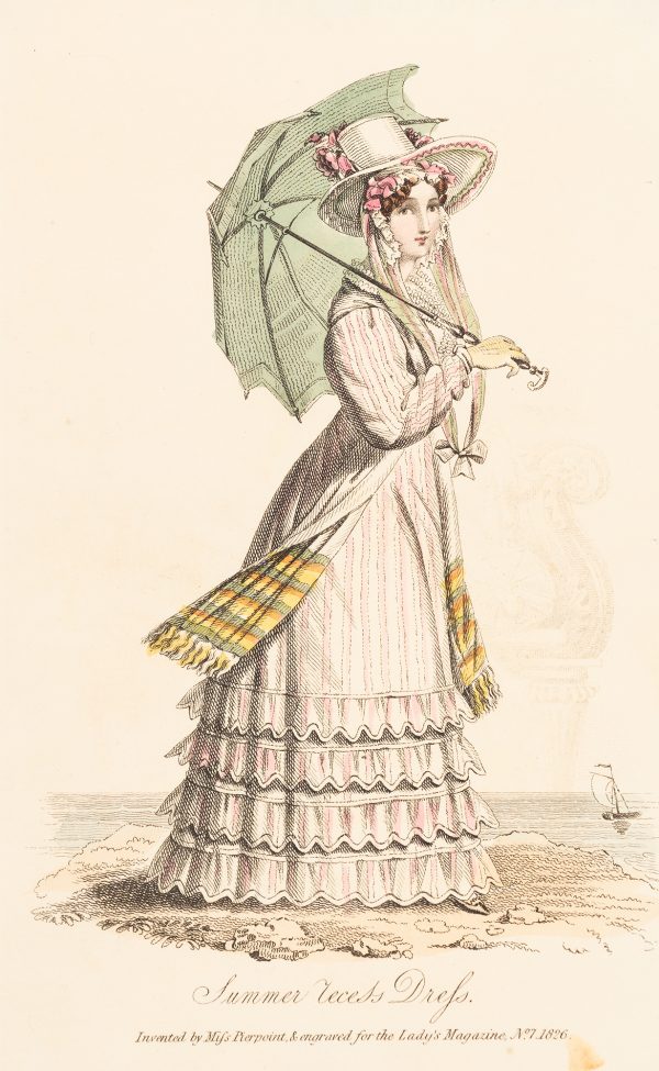 Fashion Print, woman standing, with white and pink, vertically striped dress, holding an opened, green umbrella.