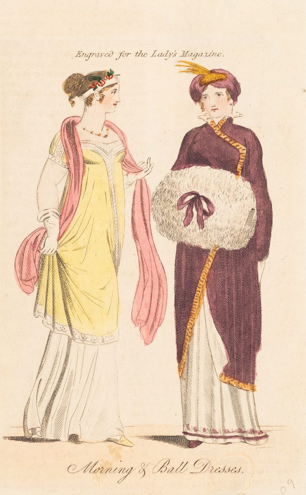 Fashion Print, two women standing; one on left with yellow and white dress, the woman on the right  in crimson dress.