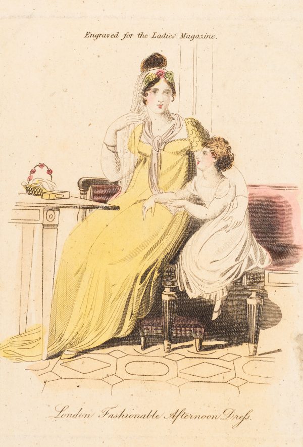 Fashion Print, woman seated, with child. Woman is wearing a yellow dress and the child is wearing a white dress.