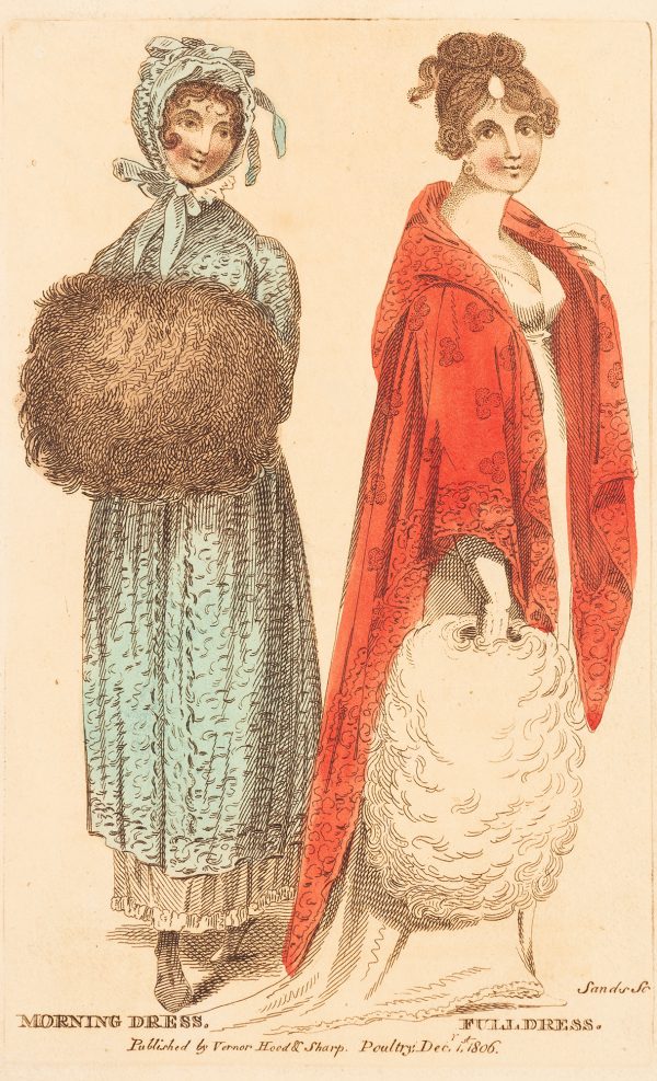 Fashion Print, two standing women; woman on left is wearing a green dress and the woman on the right is wearing a red cloak, both have large hand-warmers.
