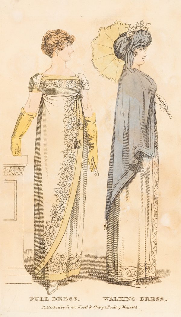 Fashion Print, two women standing; the woman on the left is wearing a white dress and yellow gloves. The woman on the right is wearing a white dress, a blue overcoat and holding an open, blue umbrella.