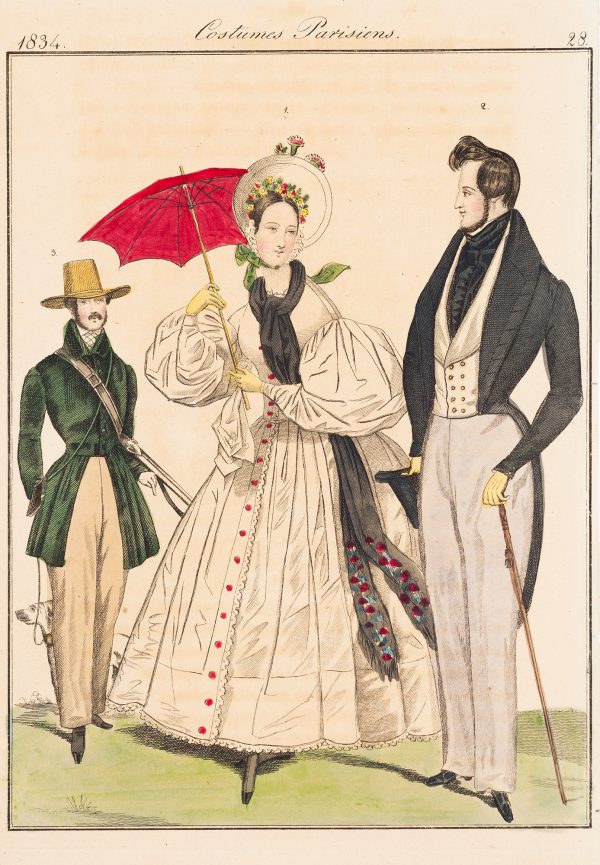Fashion Print, three standing figures; man on the left is wearing a brown hat, green coat, pale umber pants and holding a rifle and lease with standing dog. The woman in the center is wearing a white dress and holding an open, red umbrella. The man on the right is wearing a black coat, pale blue pants and holding a black hat and cane.