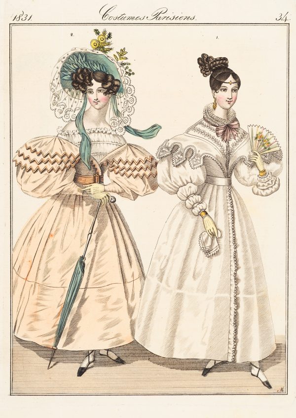 Fashion Print, two standing women figures; the woman on the left is wearing a teal hat, white/orange dress and holding a closed, teal umbrella. The woman on the right is wearing a white dress and holding an opened fan.