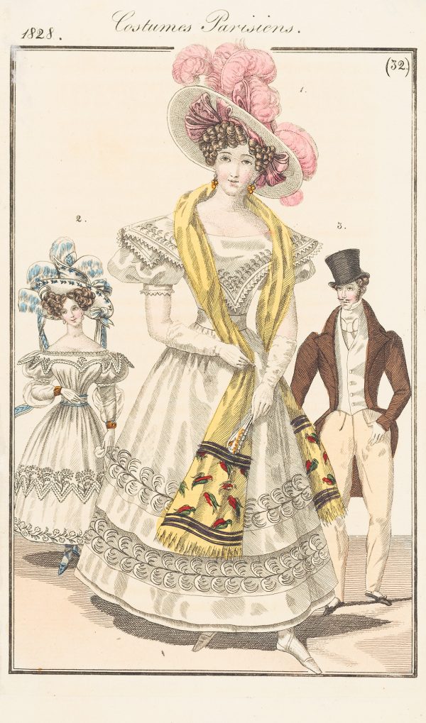 Fashion print, three standing figures; the woman on the left is wearing a white and blue hat and white dress. The woman in the center is wearing a white and pink hat, a white dress and a long, yellow scarf. The man on the left is wearing a hat, a dark umber coat and pale umber trousers.