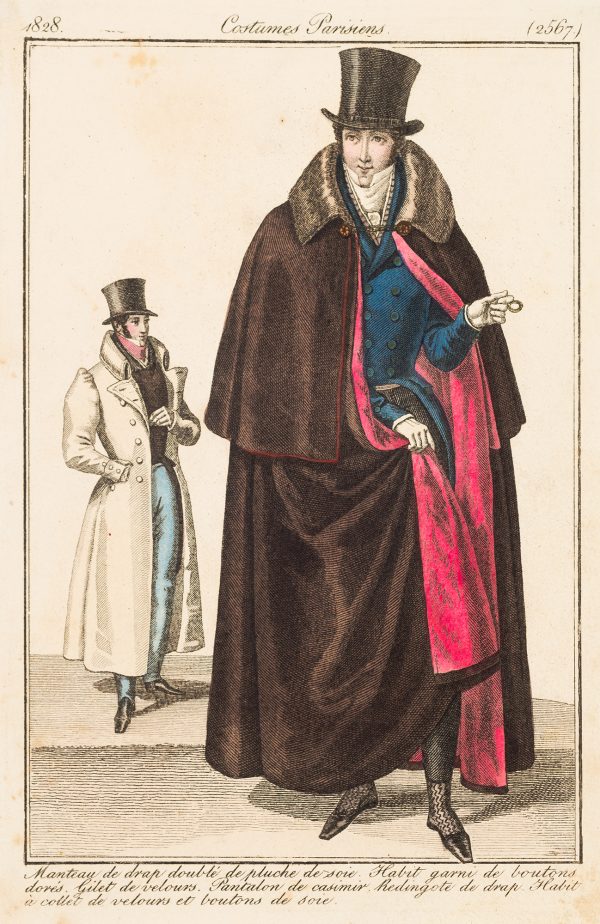 Fashion print, two standing male figures both wearing black hats. The man on the left is wearing a white overcoat and blue pants. The man on the right is wearing a black and red overcoat.