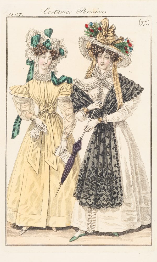 Fashion print, two standing women wearing ornate hats. The woman on the left is wearing a yellow dress and the woman on the right is wearing a white dress with a loong, black scarf or shawl.