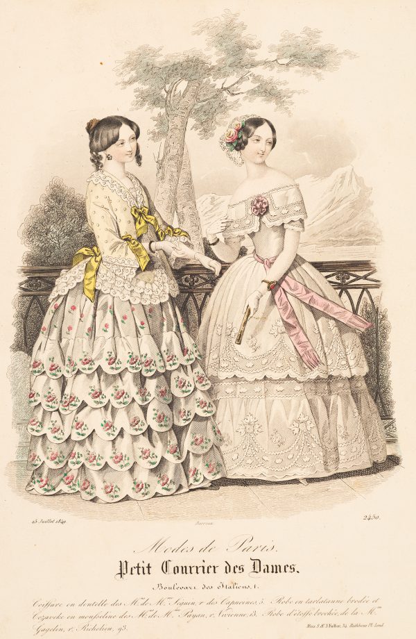 Fashion Print, two women standing; one on left with white dress and yellow, woman on right with white dress and pink holding a fan.
