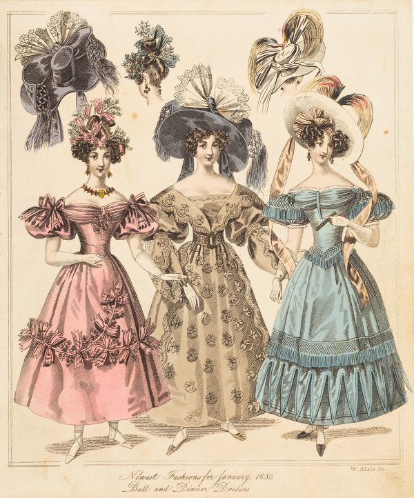 Fashion Print, three women standing; woman on left in pink dress, woman in center with gray dress, and woman on right in blue.