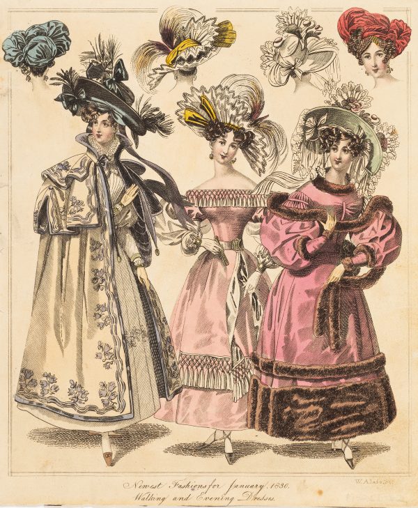 Fashion Print, three women standing; woman on left in white and blue dress, woman in center with high-key pink dress, and woman on right in prismatic-pink dress.