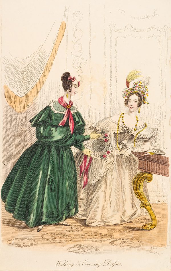 Fashion Print, two women; woman on left standing with green dress, woman on right seated with white dress.