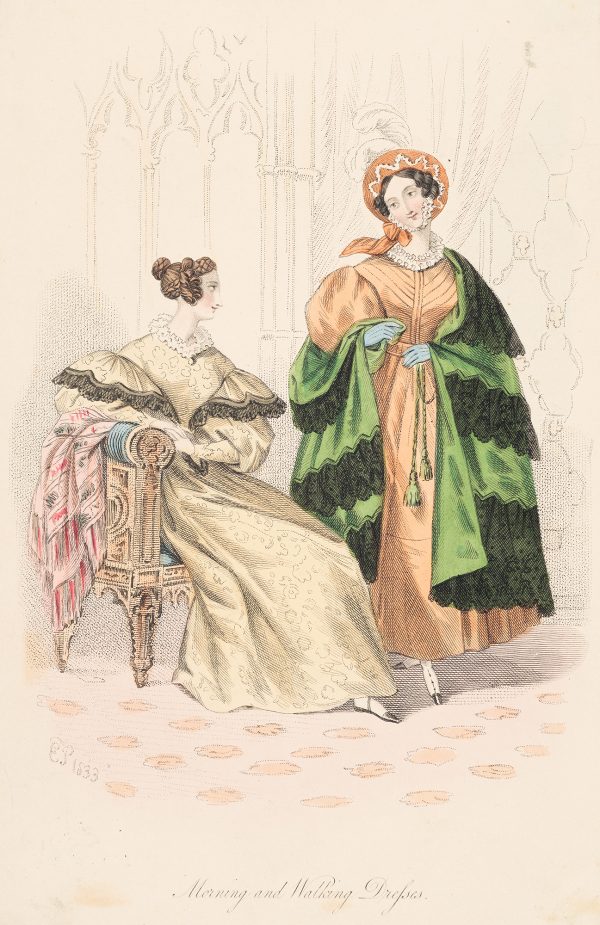 Fashion Print, two women; woman on left seated with pale-yellow dress, woman on right standing with orange dress and green coat..