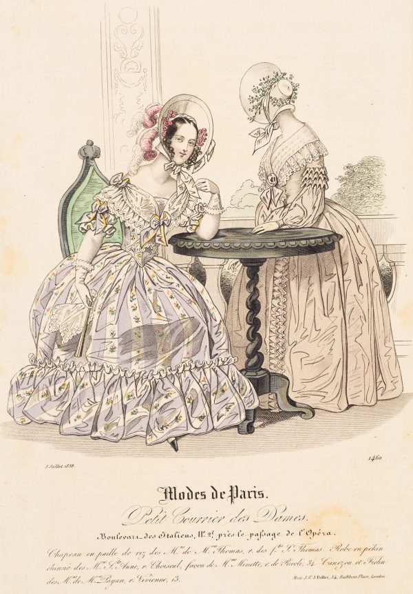 Fashion Print, two women; woman on left seated with white and violet dress, woman on right standing with gray dress.