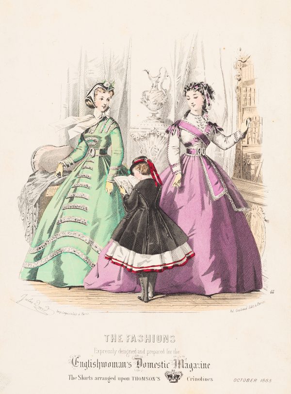 Fashion Print, three figures: woman on left standing with green dress, child standing in center with black, white and red dress, and woman on right standing with violet and white dress.