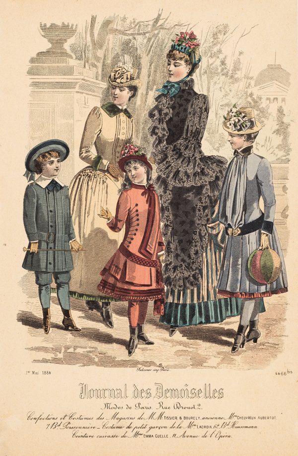Fashion Print, five standing figures: child on left standing with blue attire, woman second from left with pale brown and green dress, child standing in center with red dress, woman second from right in black, teal and white dress and child on right with blue dress hold ing pink and green, spherical bag.