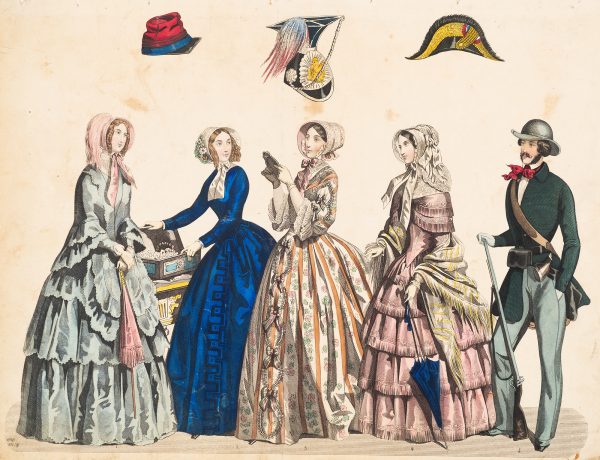 Fashion Print, five standing figures and three hats centrally arranged above the figures. Woman on left in pale blue dress holding pink scarf. Woman second from left is in ultramarine blue dress holding open a jewlery box. The woman second from left (center figure) is in a white and orange striped dress. The woman second from right is wearing a pink dress holding a blue umbrella. The man on the far right is wearing a green coat, pale blue trousers and is holding a rifle. The hats above are red, blue and black on the left; the hat in the center is black with blue, red and wite feathers and the hat on the right black and yellow.