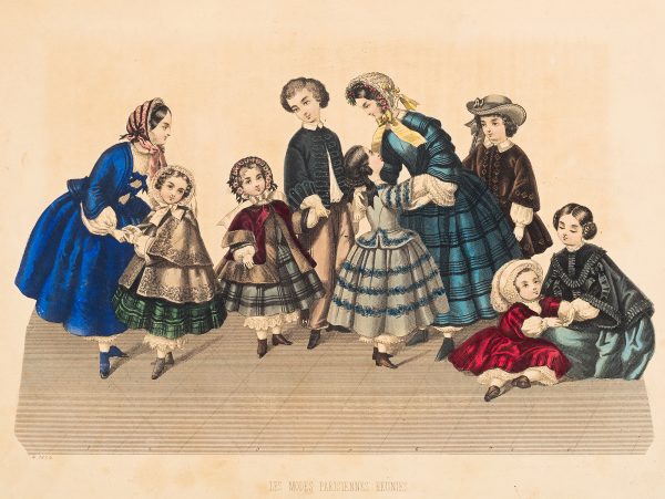 Fashion print, grouping of nine figures. The standing woman on the far left is wearing a pink bonnet and an ultramarine dress. The child figure standing second from the left is wearing a gray coat and a green dress. The child figure standing third from the left is wearing a red and gray coat, blue dress. The amle figure standing fouth from the left is wearing a blue jacket and gray trousers. The child standing fifth from left (center figure) is wearing a blue dress. The woman standing fourth from right is wearing a white bonnet and a blue dress. The child standing third from the right is wearing a gray hat and an umber overcoat. The child seated second from the right is wearing a red dress and a white bonnet. The kneeling female figure on the far right is wearing a black and blue overcoat and a blue dress.