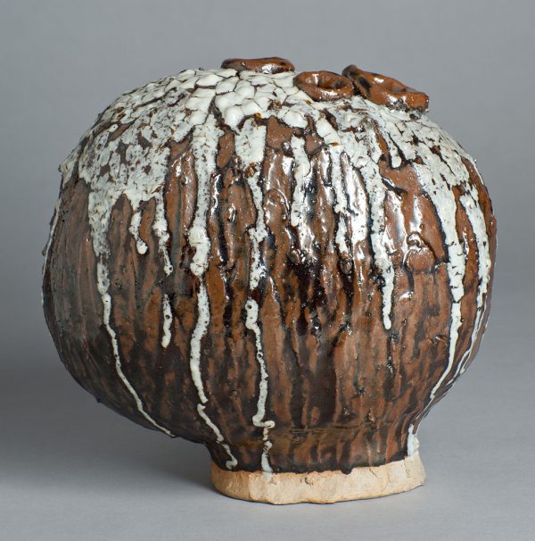 Three Neck Bottle, brown with white and black glaze drips, heavy texture