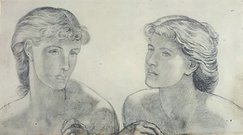 A study of the same person in two views. Image is the bust of nude females, turned slightly toward each other. Each, have one hand raised, visible along the bottom edge of the composition.