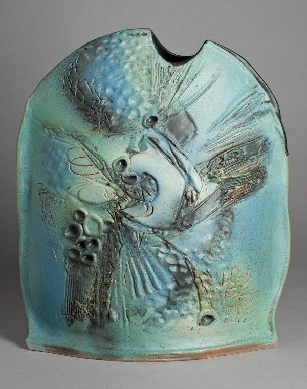 Large Slab-Built Bottle in green with abstract surface textures