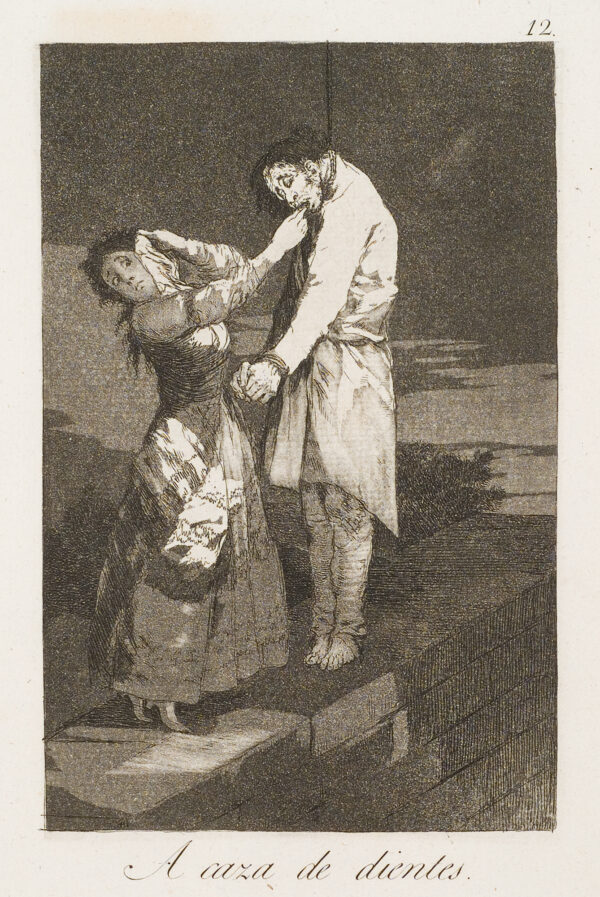 A woman pulls a tooth from a hanged man.