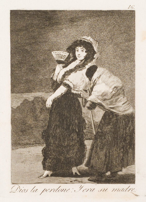A fashionably dressed woman with fan excuses herself to an old woman who turns out to be her mother.